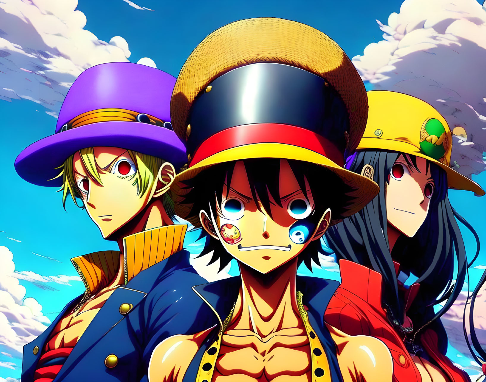 Three animated characters with distinctive hats against a blue sky