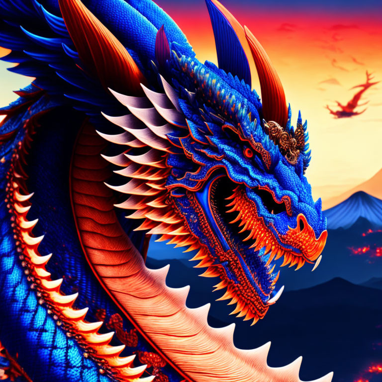 Detailed Mythical Dragon Artwork in Blue and Orange against Volcanic Landscape