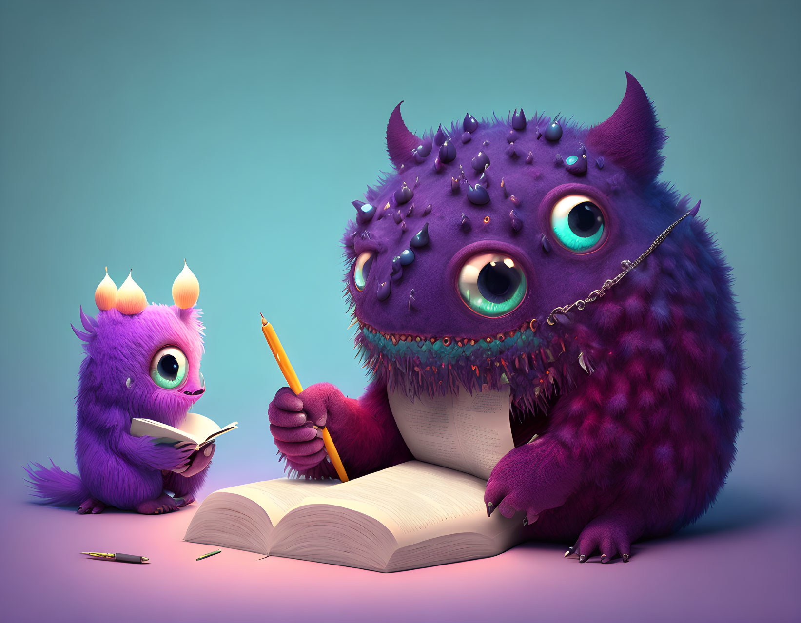 Furry monsters with horns and crown studying together