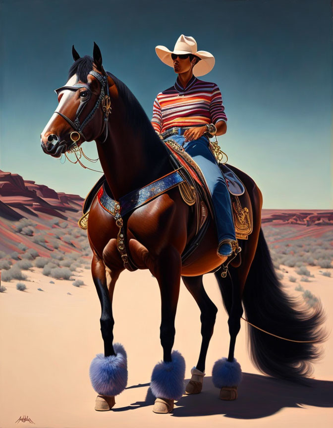 Person in wide-brimmed hat riding horse with ornate tack in desert.