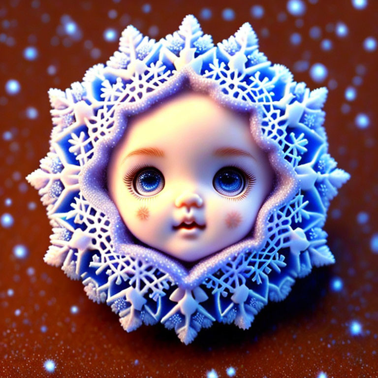 Surreal doll-like face with snowflake patterns on warm amber background