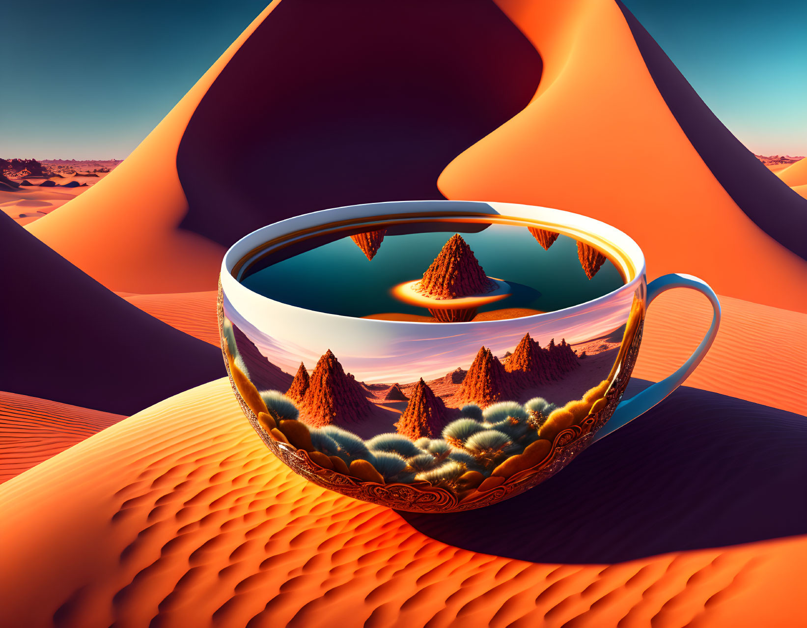 Surreal image: giant cup in desert with landscape reflection