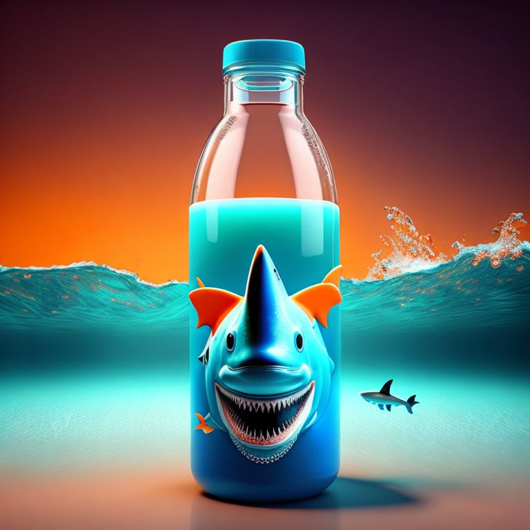 Colorful Shark-Themed Bottle Illustration on Ocean Sunset Background