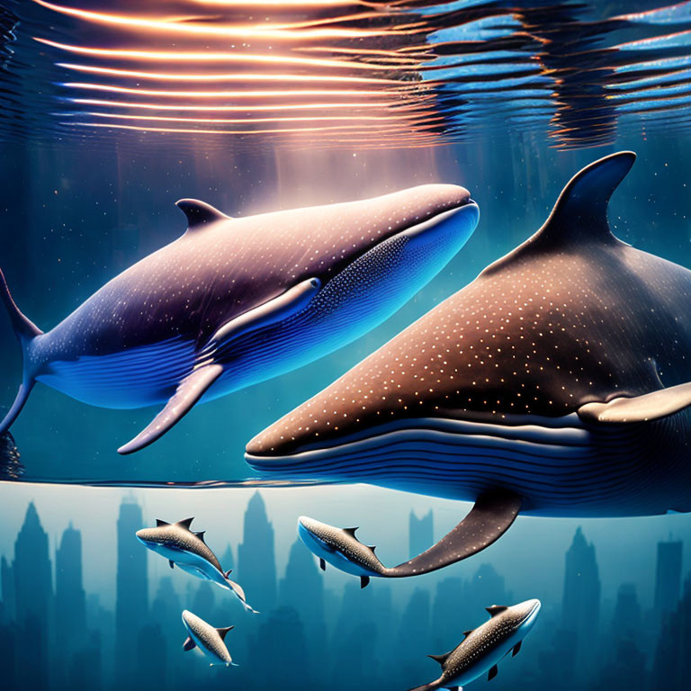 Whales and cityscape in underwater scene