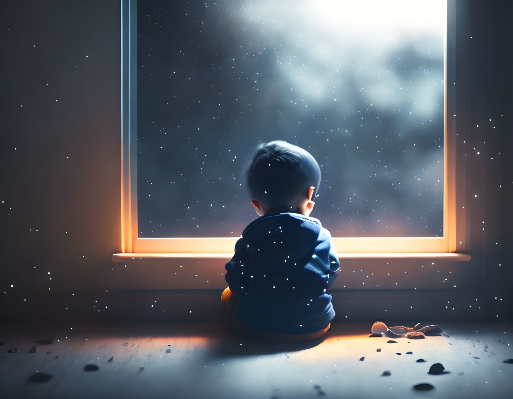 Toddler sitting by glowing window at night with toys and warm ambiance