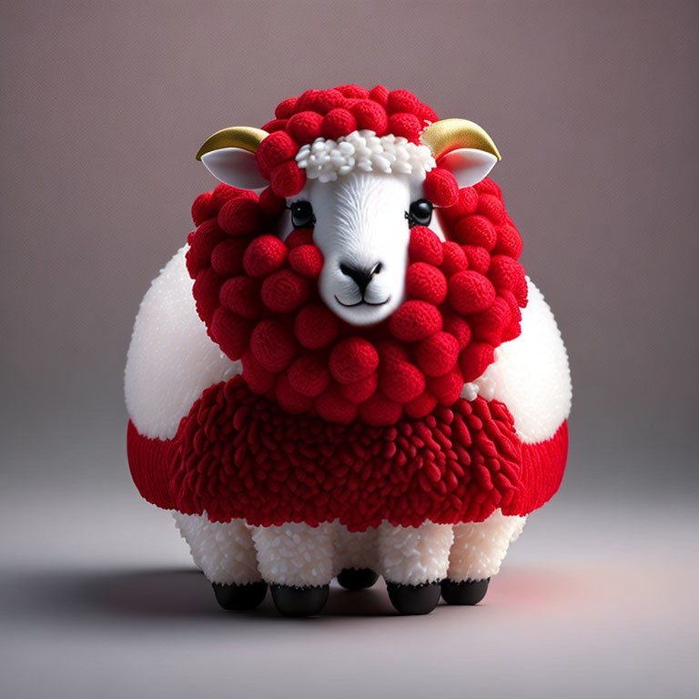 Fluffy Sheep with Red Wool Illustration on Neutral Background