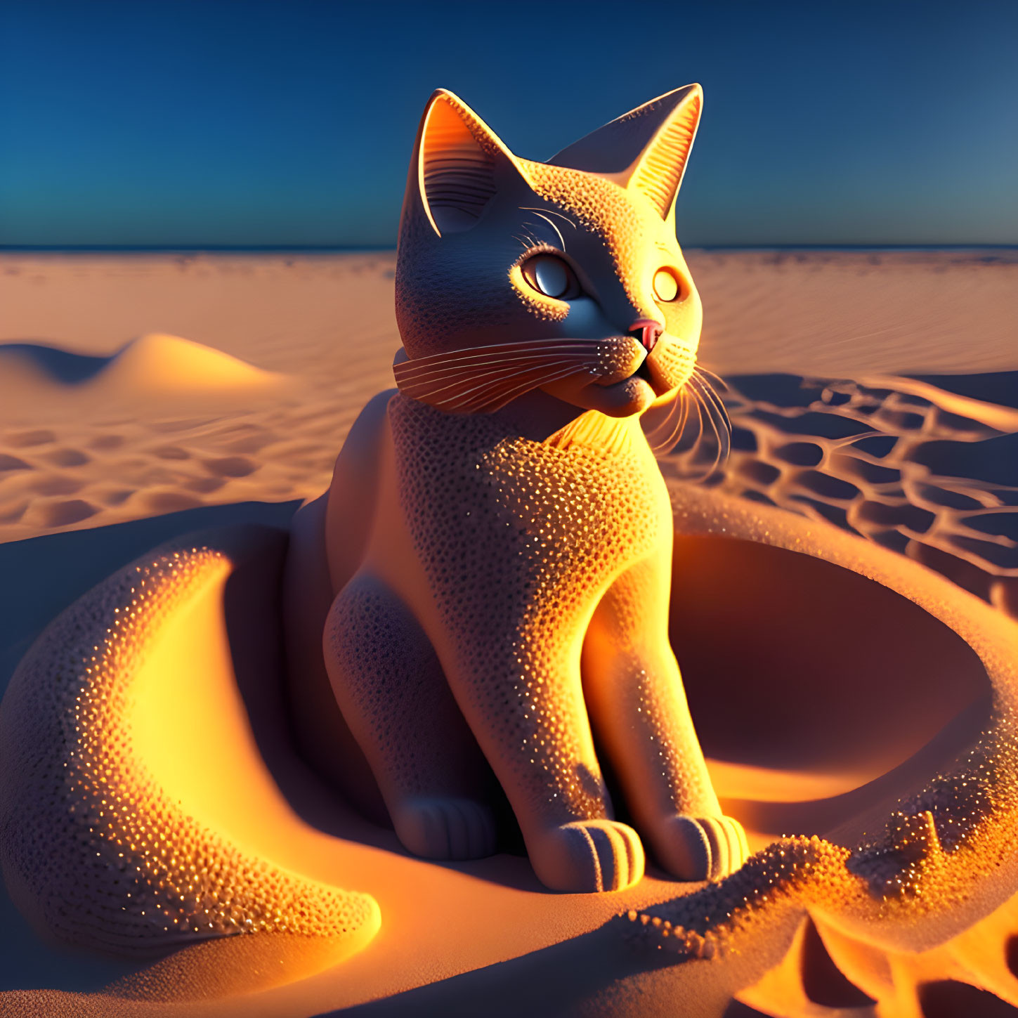 Stylized orange cat on desert sand dune at sunset