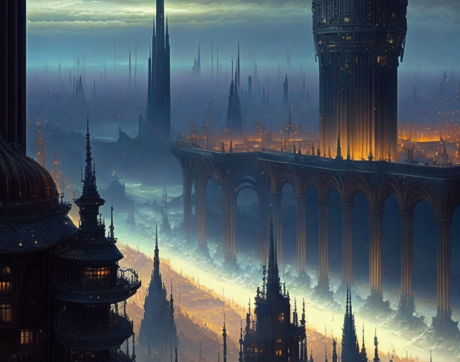 Fantastical cityscape at dusk with towering spires and illuminated windows