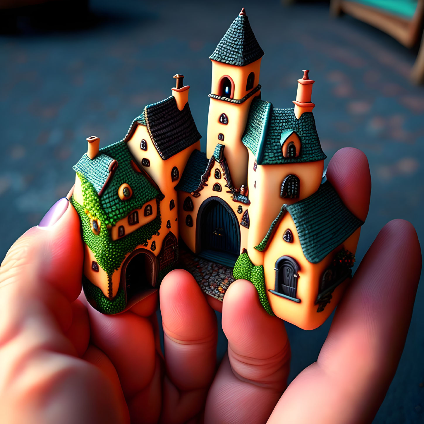 Miniature whimsical fairy tale house with green roofs on fingers.