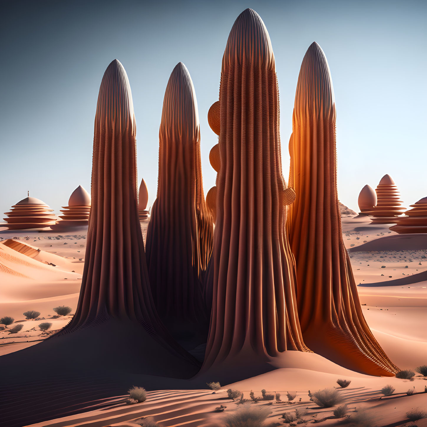 Surreal desert landscape with towering dune formations