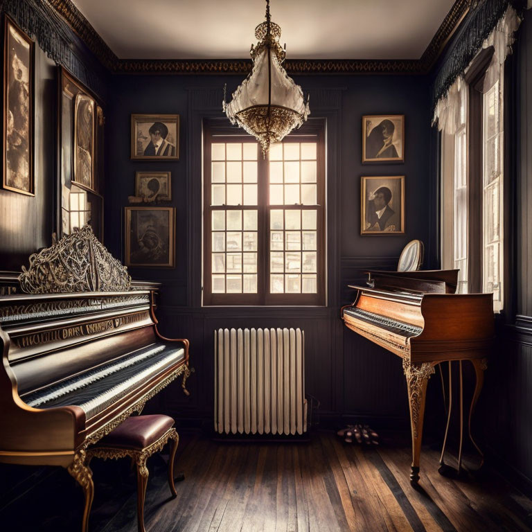 Classic Vintage Room with Dark Wood Paneling, Two Pianos, Chandelier, and Portraits