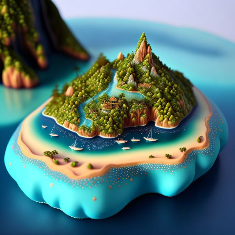 Miniature Island Cake with Greenery, Cliffs, Waterway, Boats, and Sandy Sh