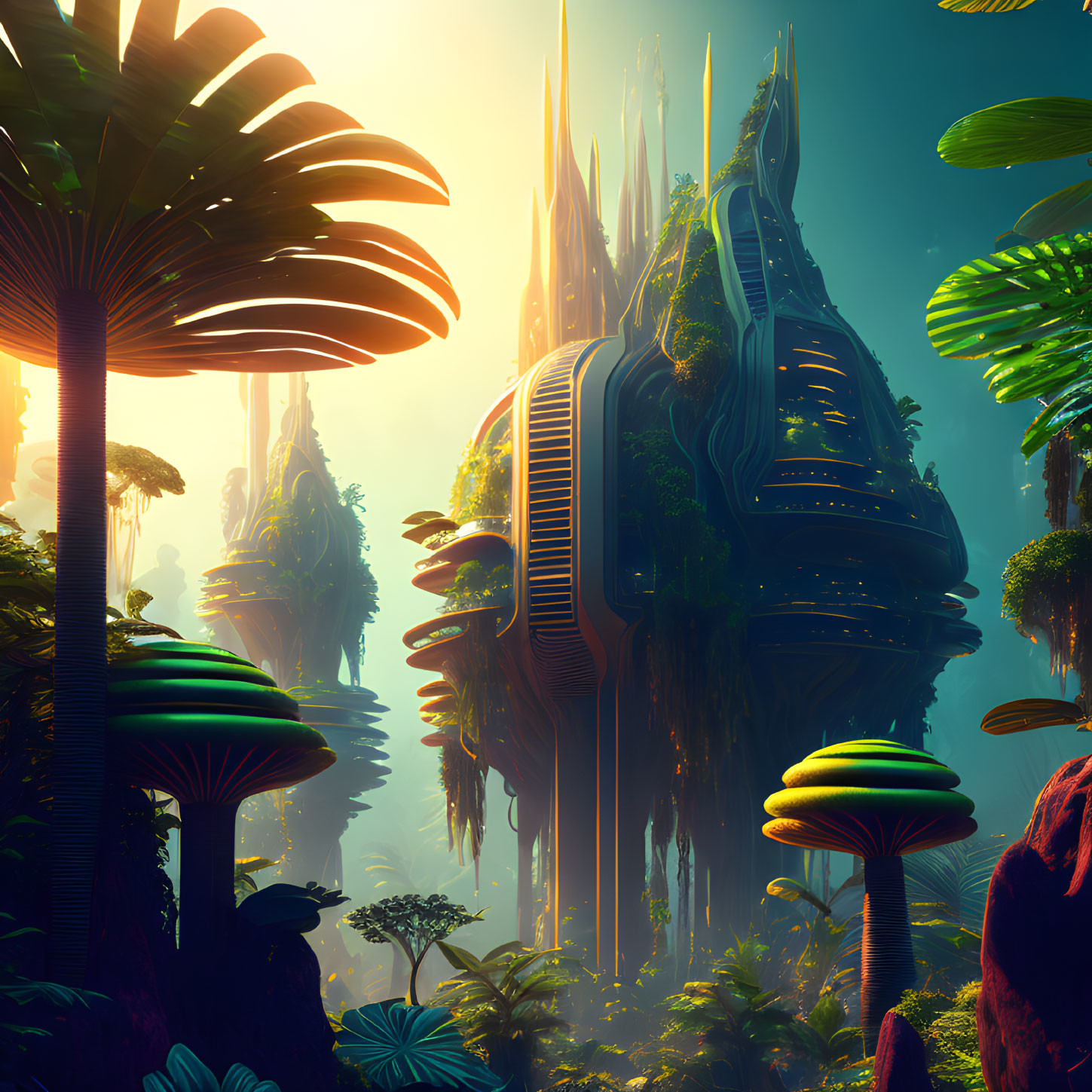 Futuristic cityscape blending with lush alien jungle scenery