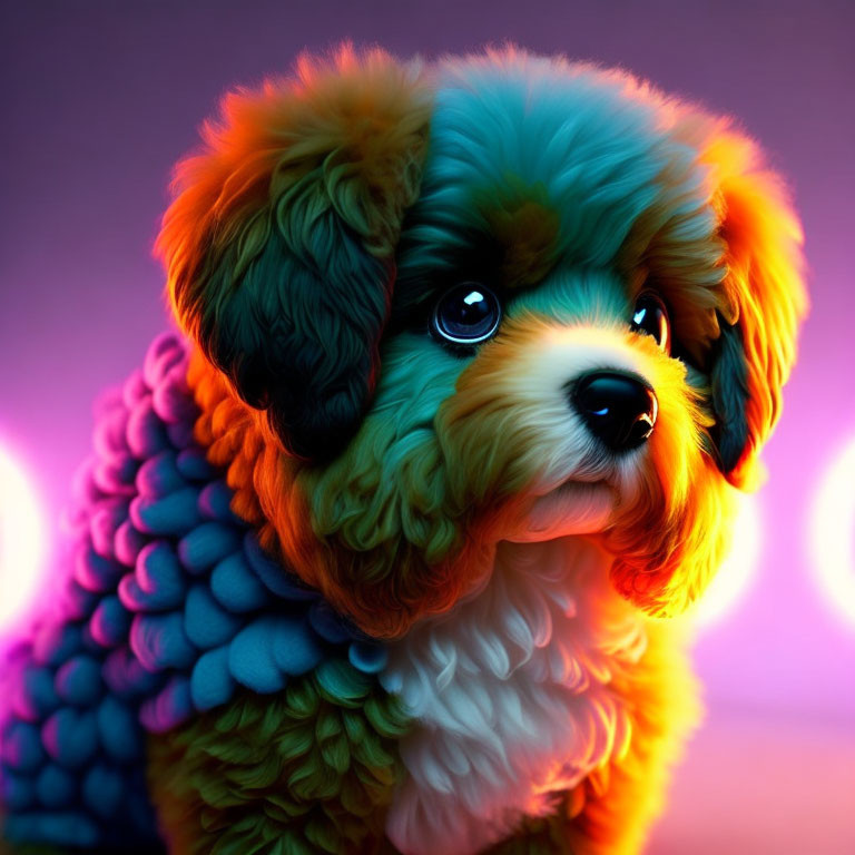 Whimsical fluffy dog illustration with vibrant, gradient fur