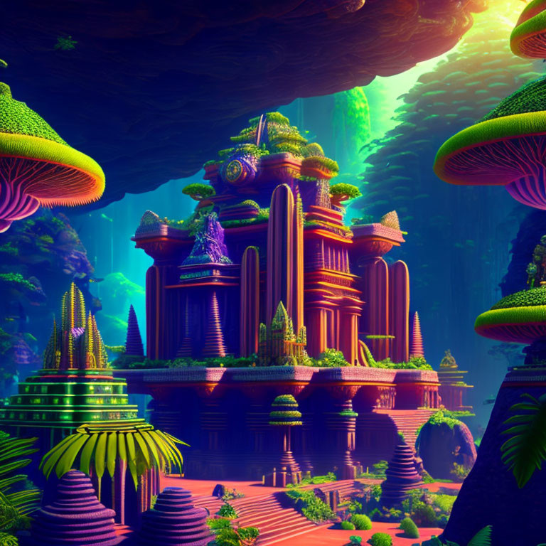 Fantastical landscape with towering mushrooms, reflective water & lush vegetation