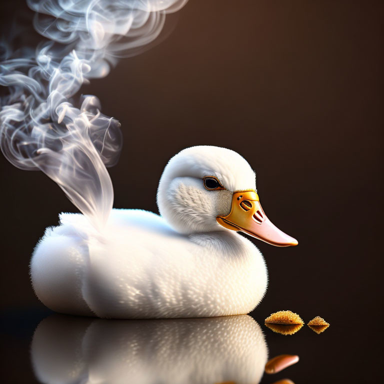 Stylized rubber duck with realistic body and steam, alongside three objects on reflective surface