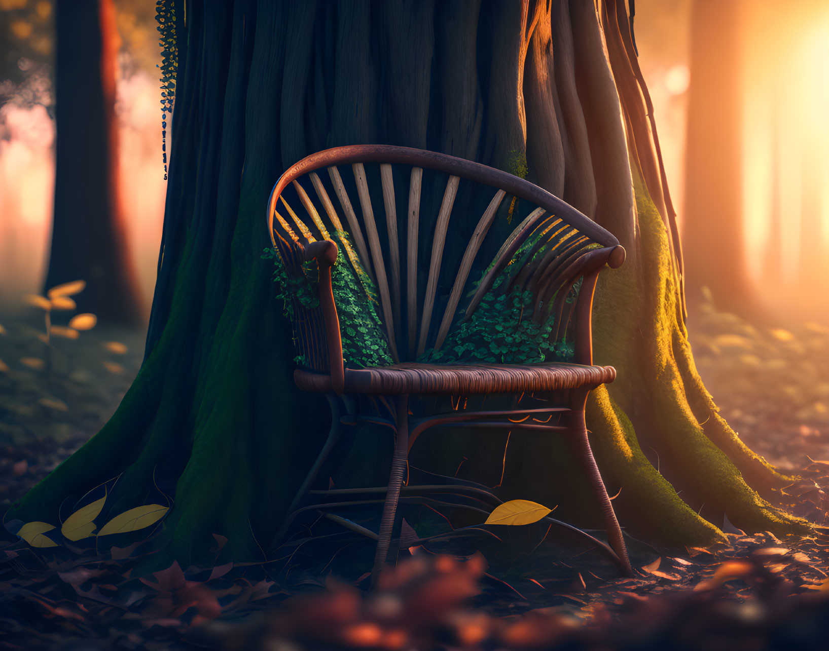 Wooden chair beside tree in mystical forest with warm sunlight and autumn leaves.