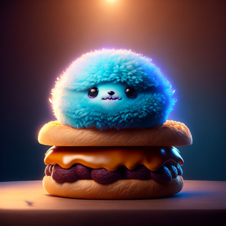 Fluffy Blue Creature Poses in Hamburger Scene