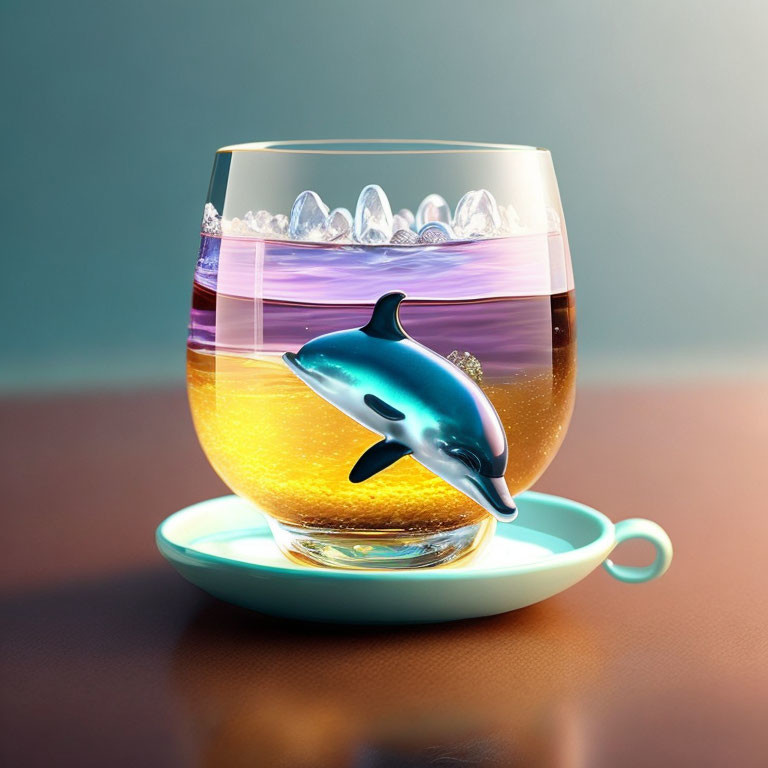 Stylized digital illustration of dolphin leaping in glass with sea and sunset layers