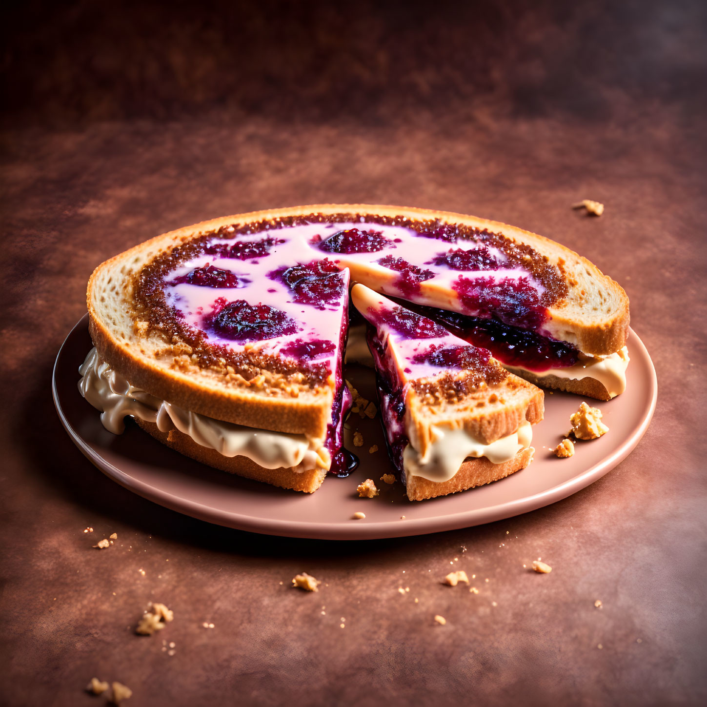 Cream-filled sponge cake with purple jam on dark background