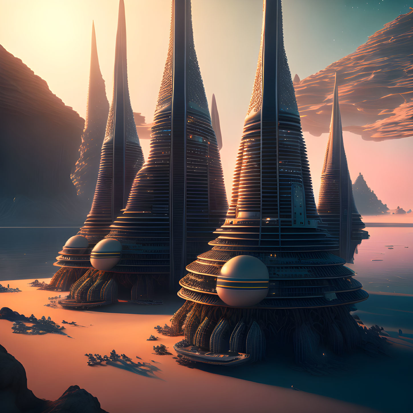 Futuristic spire-like towers under amber sky with rock formations