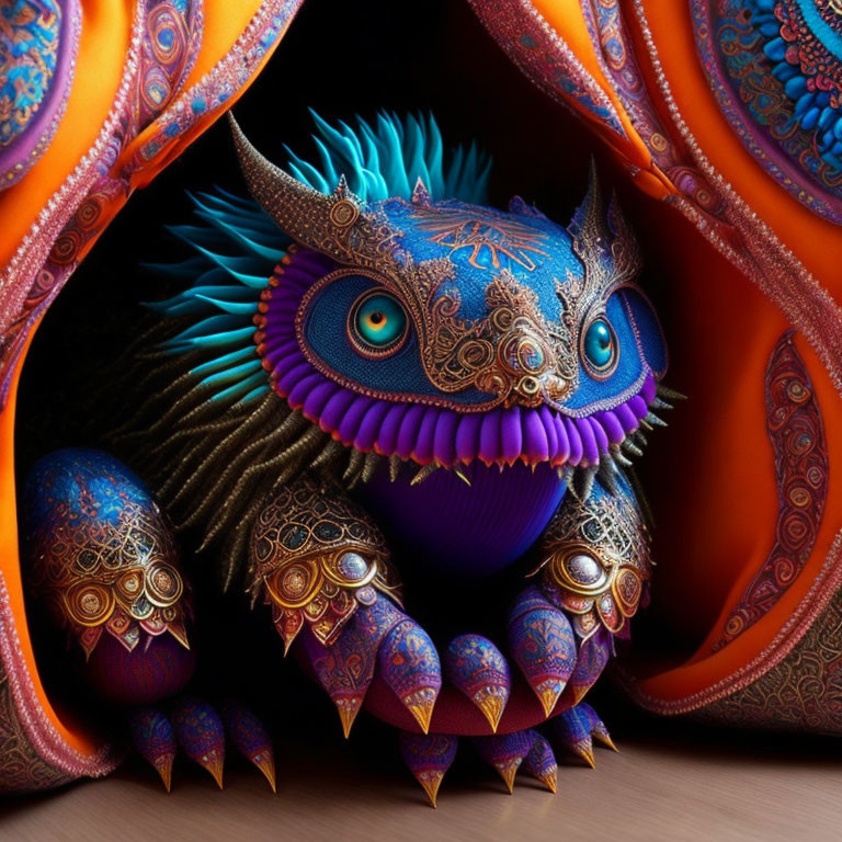 Blue Fantasy Creature with Large Eyes in Vivid Orange Environment