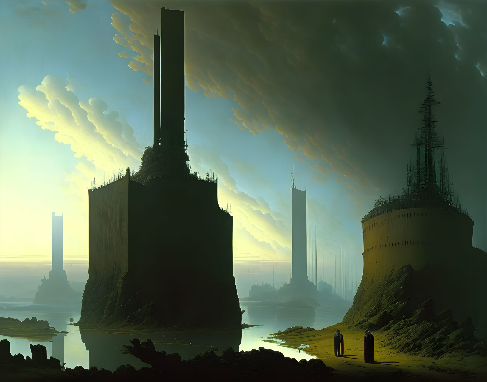 Futuristic landscape with towering structures and silhouetted figures by water