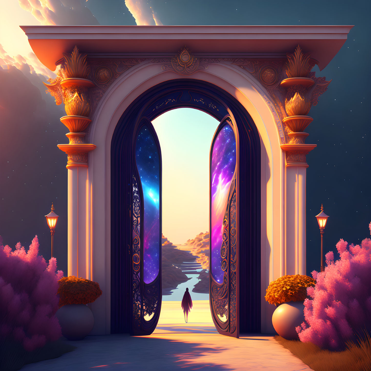 Ornate archway frames cosmic portal to sunset beach with person and pink trees