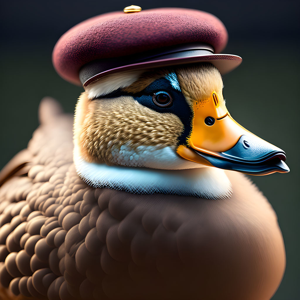 Unique Mallard Duck with Human-Like Face in Burgundy Beret