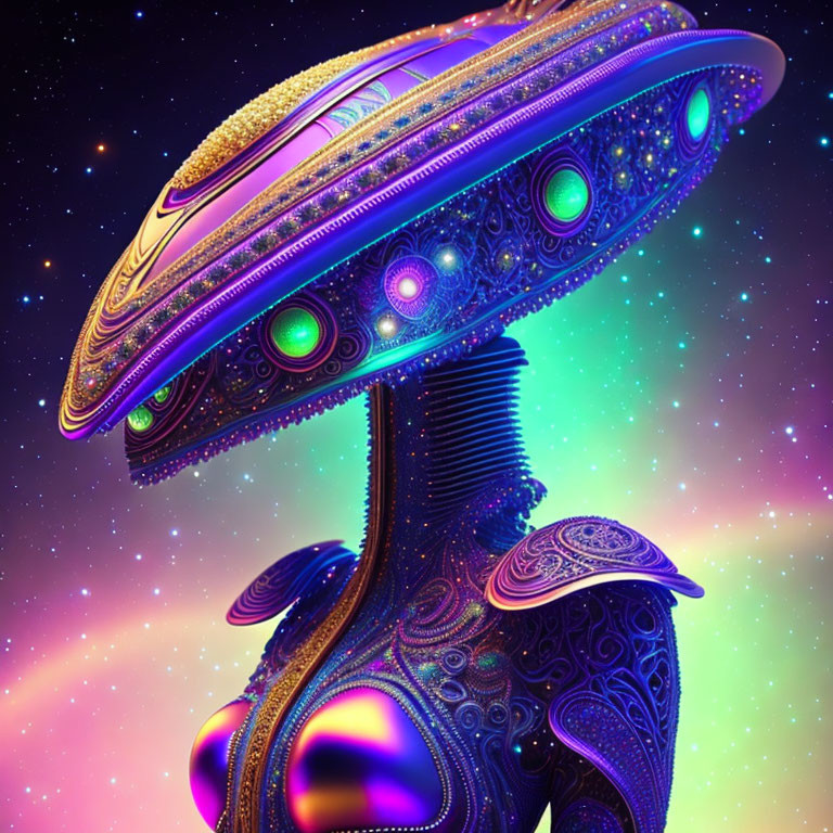 Colorful digital art: Futuristic alien creature with ornate disc-shaped head in cosmic backdrop