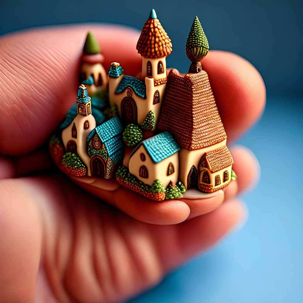 Detailed Clay Village Miniature in Hand Palm: Colorful Houses & Trees