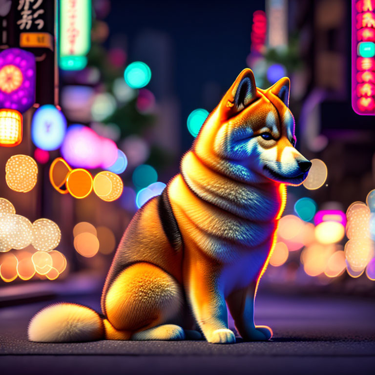 Shiba Inu dog sitting on city street at night with vibrant neon signs.