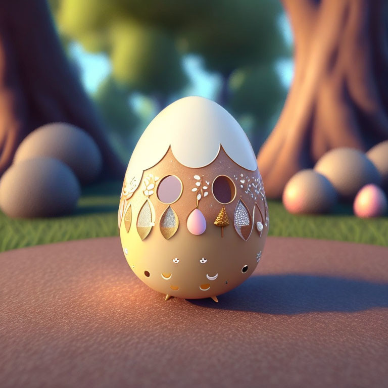 Decorated Easter egg with cut-out patterns and embossed designs on surface with blurred trees and colorful eggs