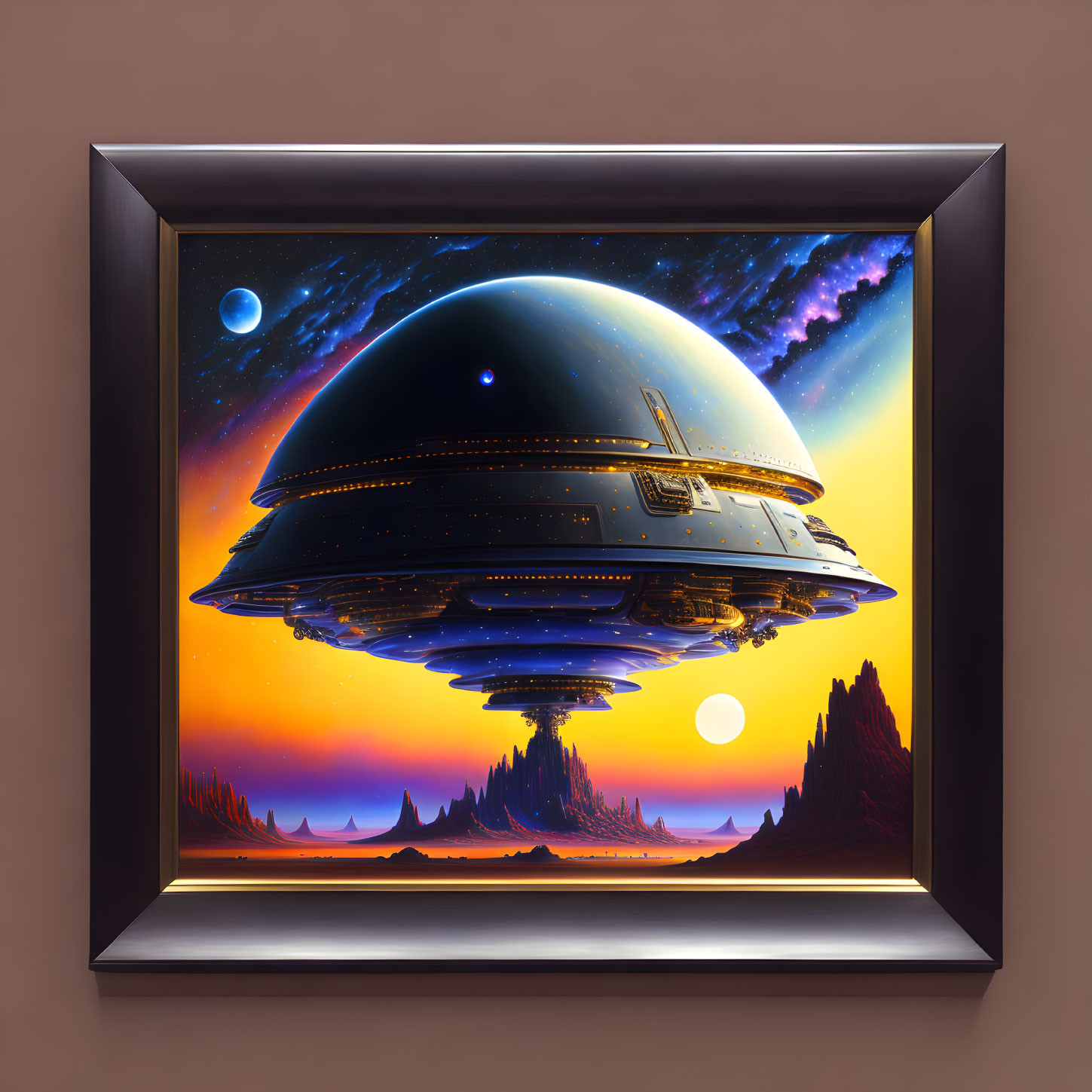 Framed digital artwork of futuristic city in hovering dome over alien landscape