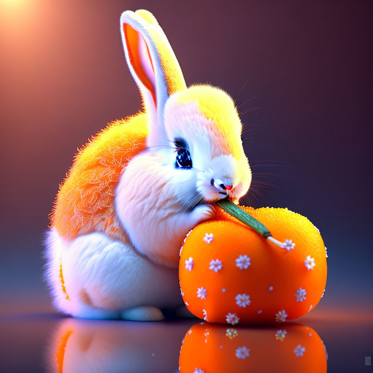 Fluffy orange and white rabbit with orange and white flower-patterned fruit on purple background