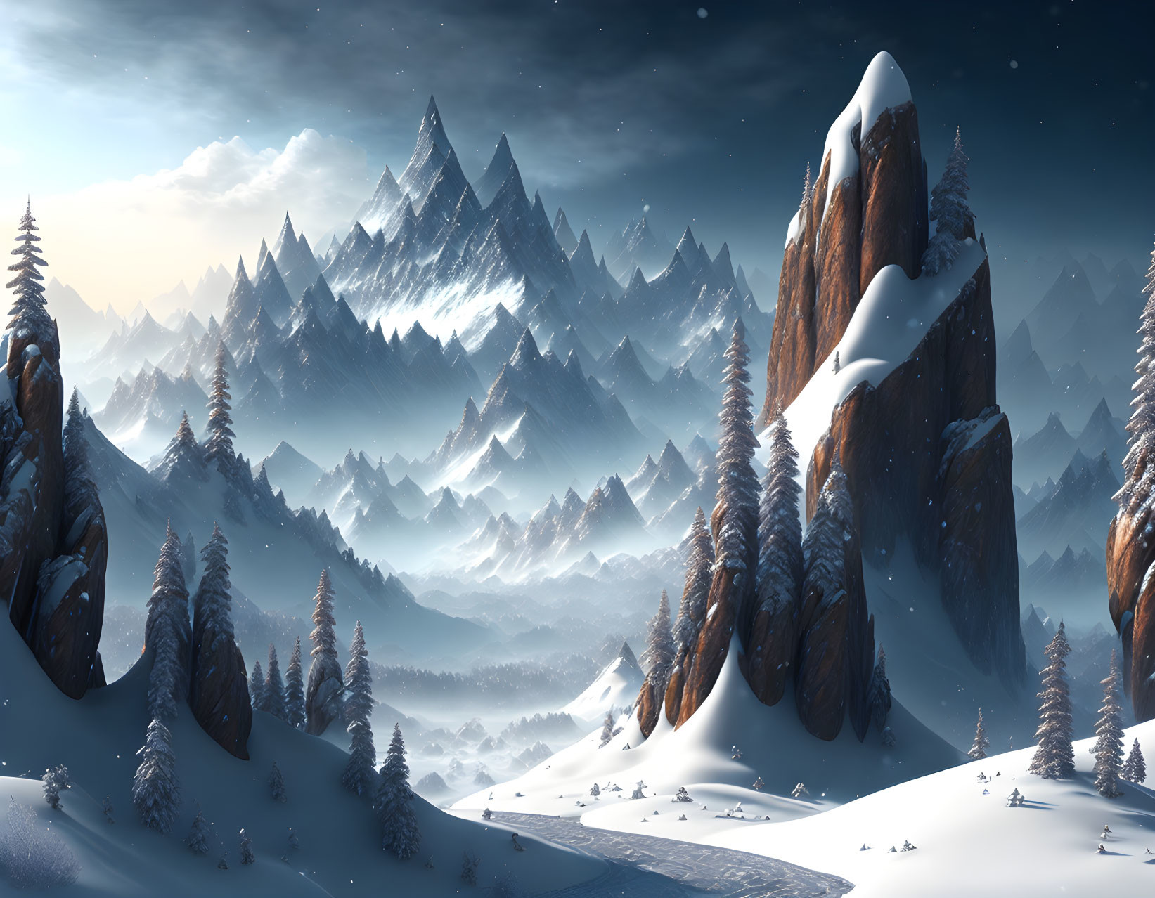 Snow-covered trees and mountains in serene winter landscape