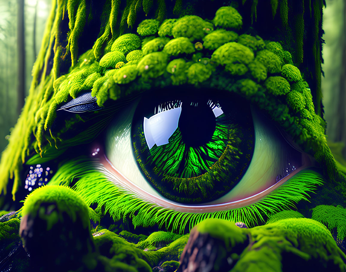 Green eye in mossy forest with vibrant foliage and magical aura