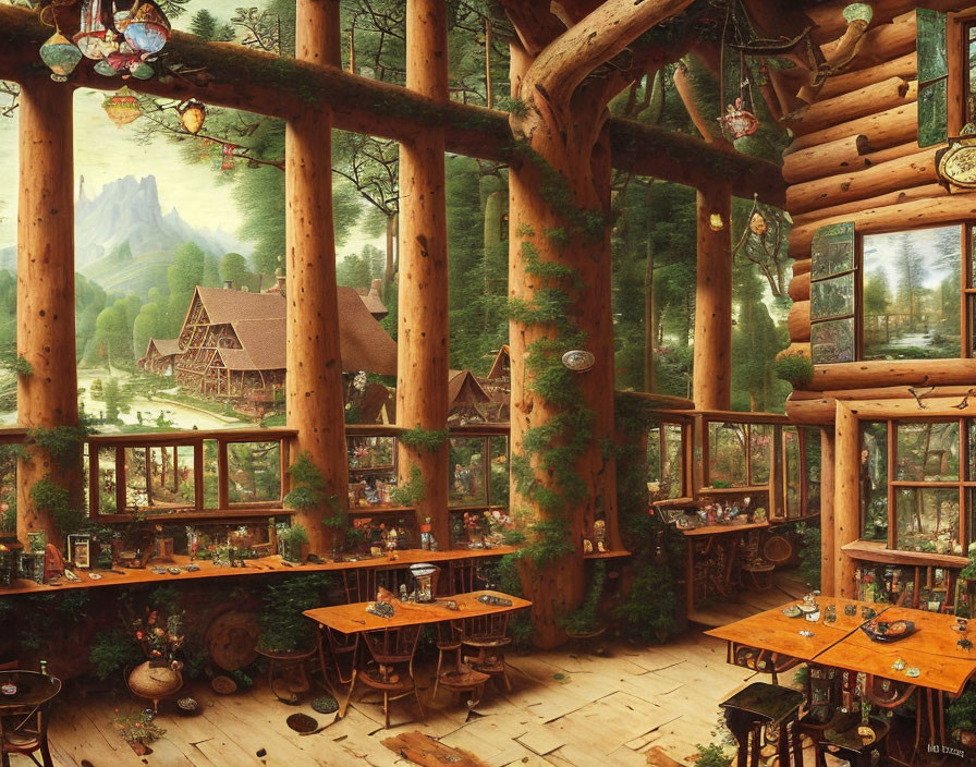 Rustic wooden interior with forest views and tree trunk elements