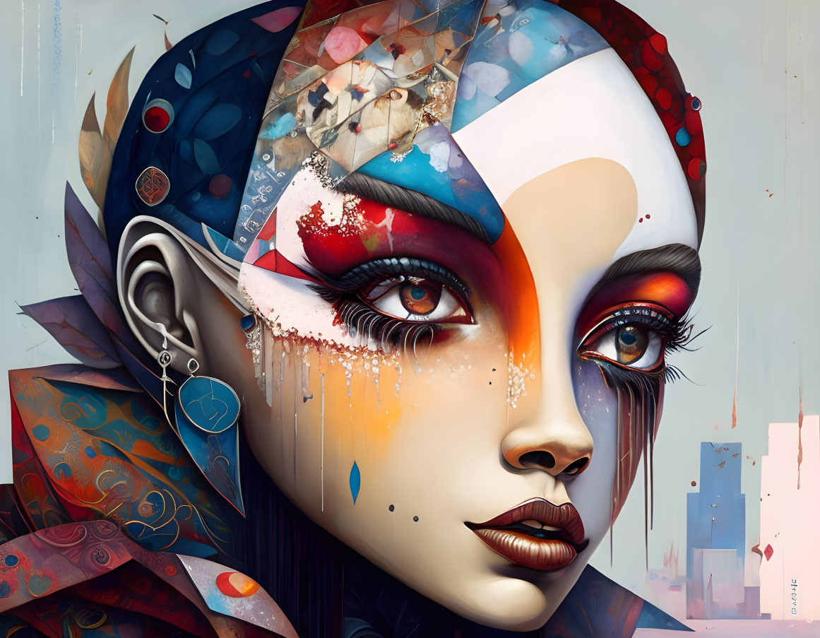 Colorful geometric design on stylized woman with mechanical ear.