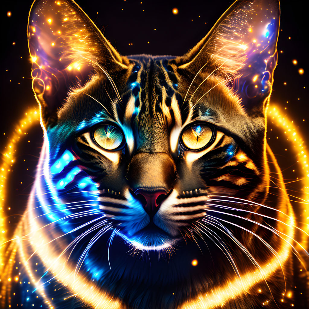 Neon blue and orange cat face with cosmic patterns