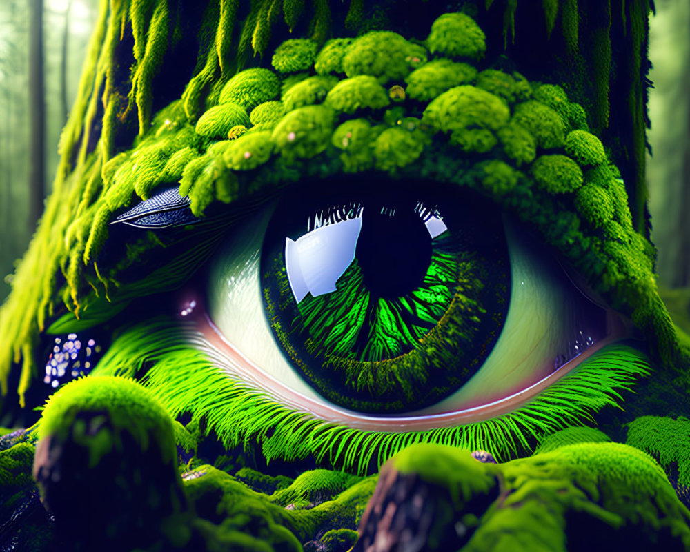 Green eye in mossy forest with vibrant foliage and magical aura