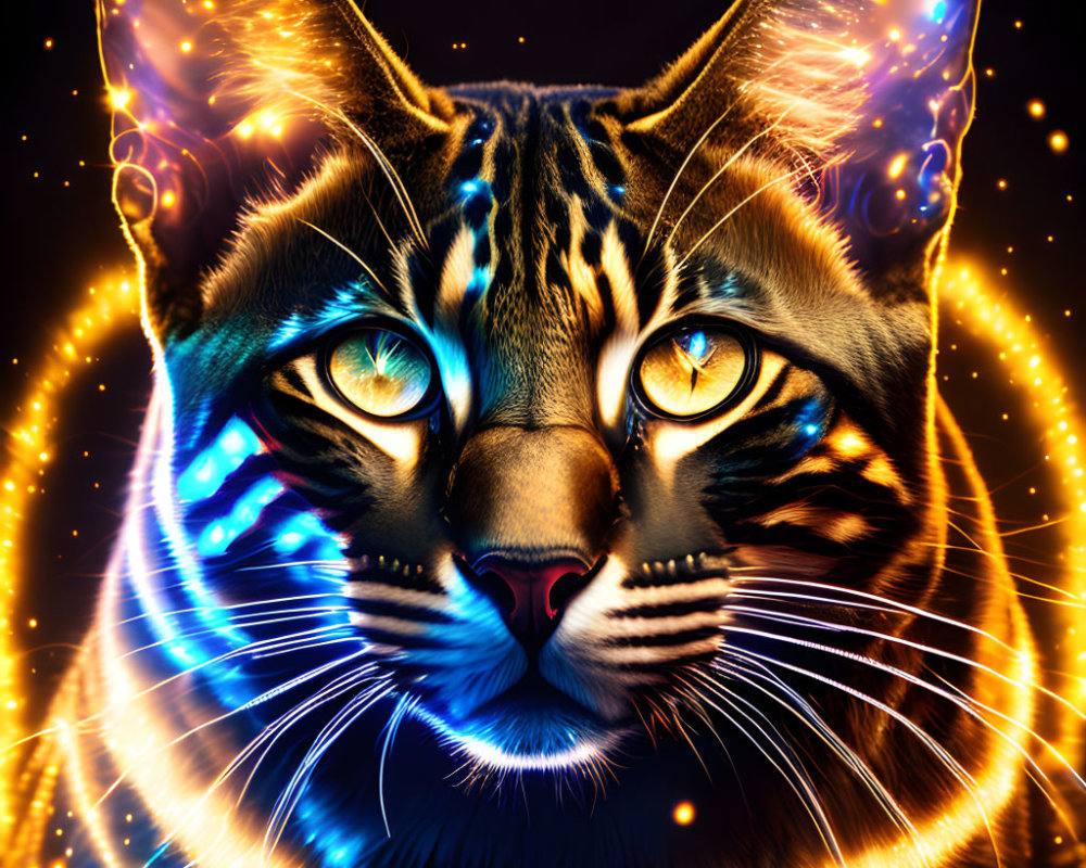 Neon blue and orange cat face with cosmic patterns