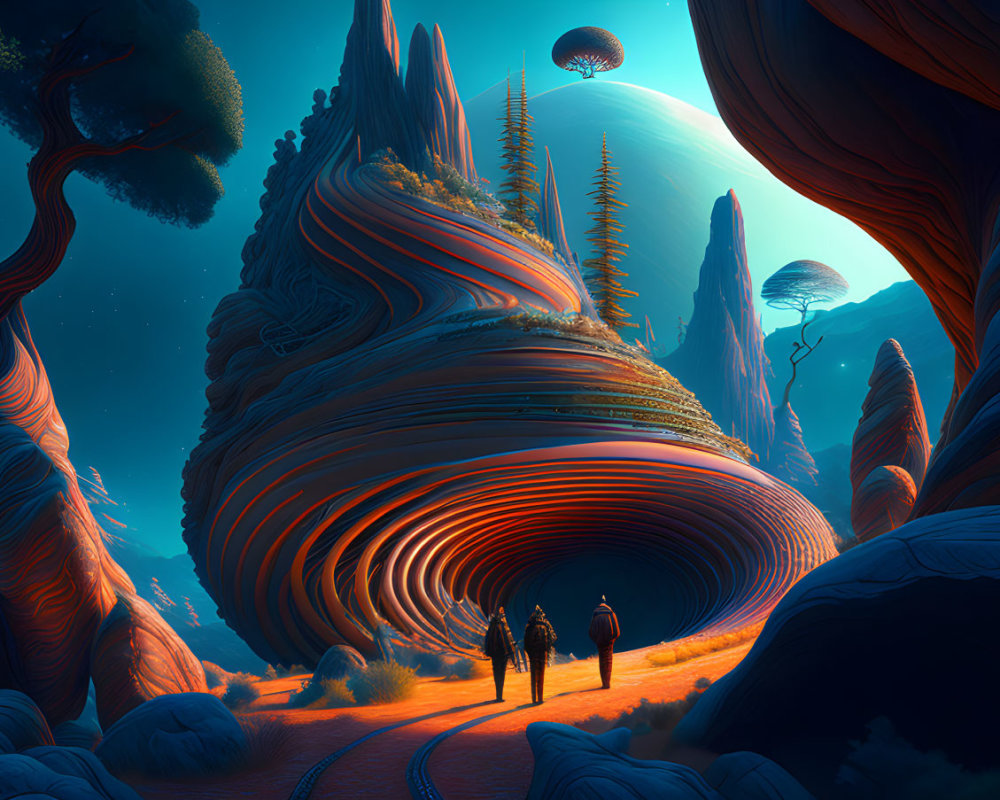 Vibrant fantasy landscape with swirling rock formations and towering trees