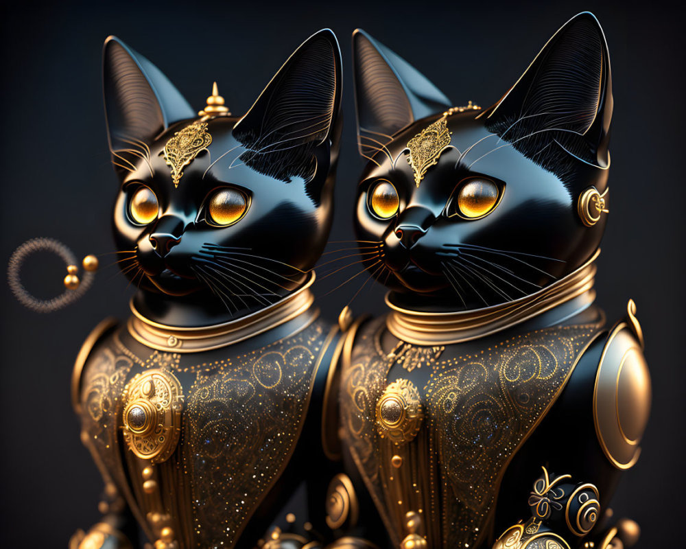 Ornate black metallic cats with golden details and glowing yellow eyes on dark background