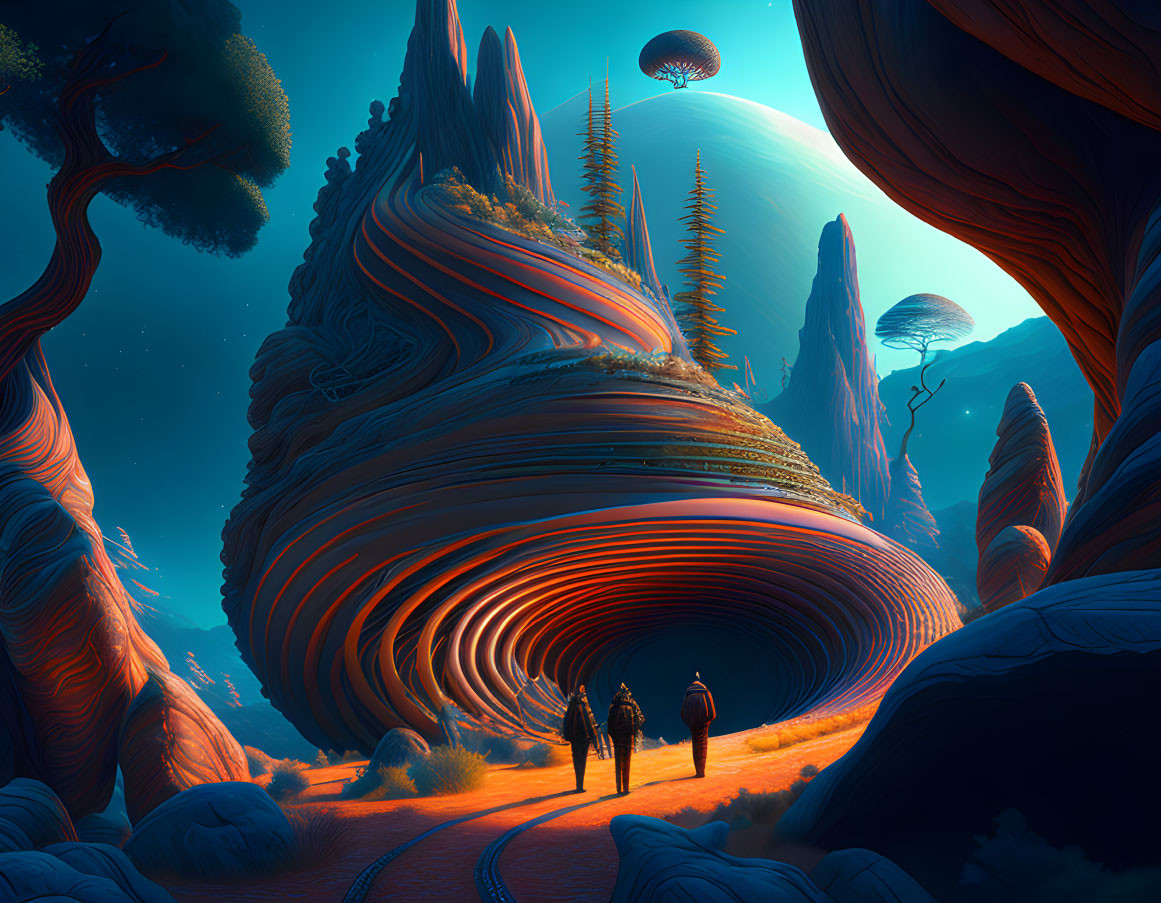 Vibrant fantasy landscape with swirling rock formations and towering trees