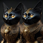 Ornate black metallic cats with golden details and glowing yellow eyes on dark background