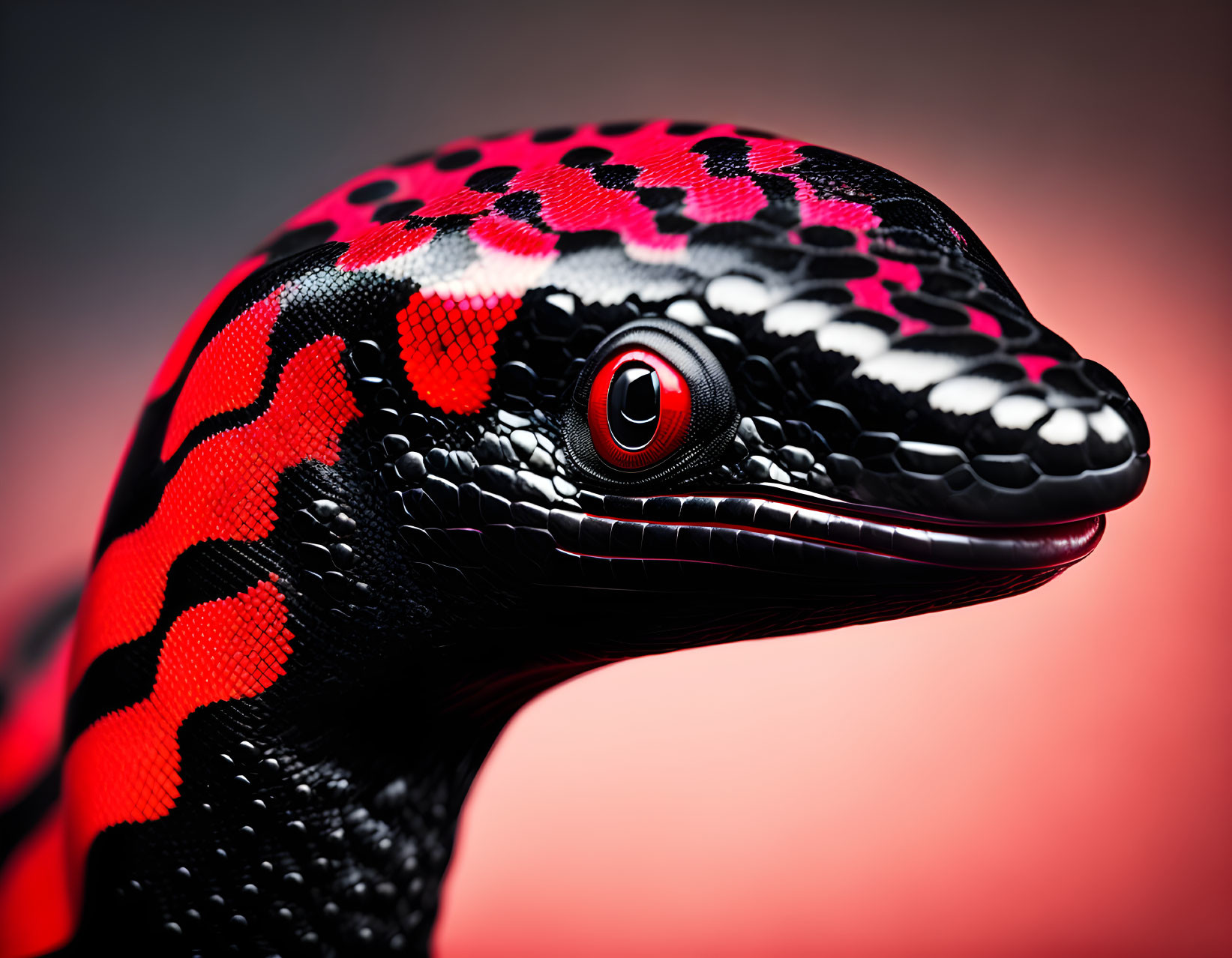 Detailed black and red patterned snake with focused scales and vigilant eye on blurred reddish backdrop