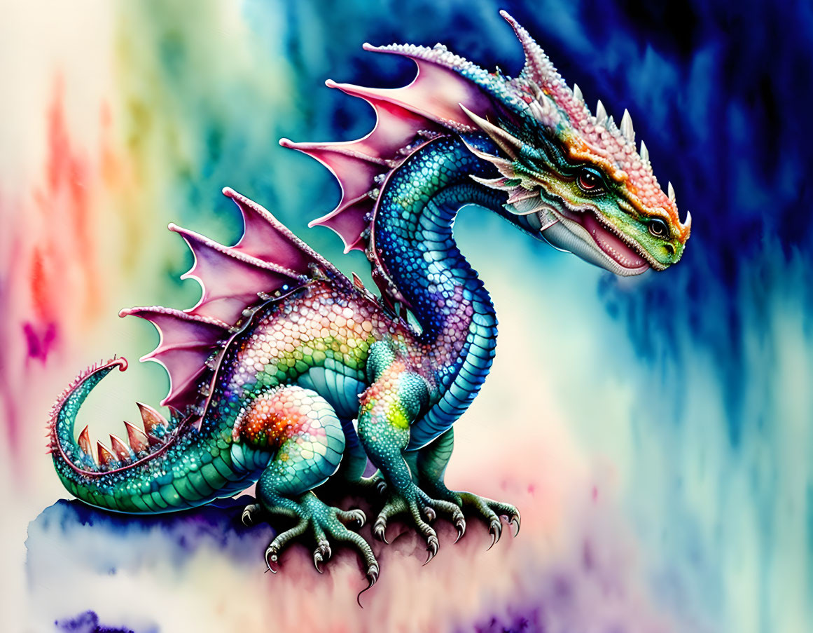 Colorful Dragon with Detailed Scales on Rainbow Background