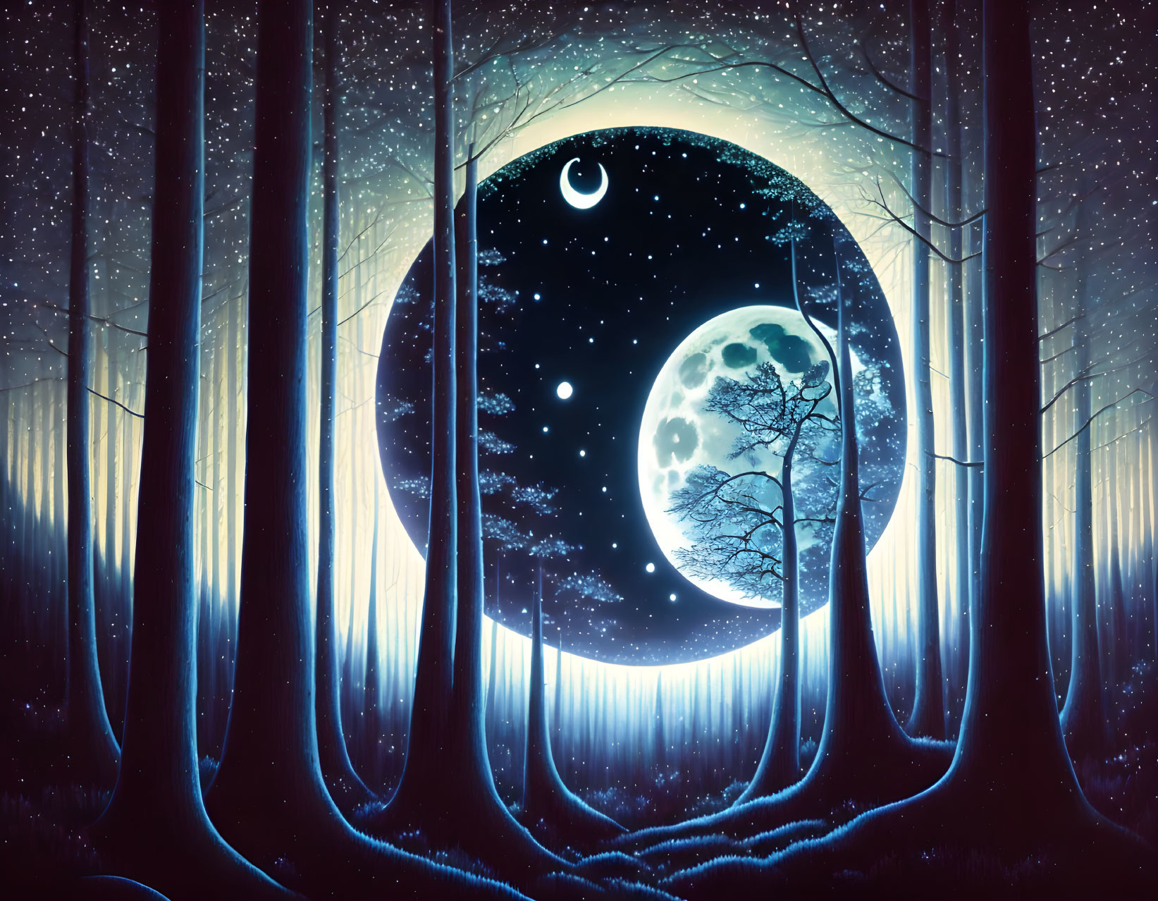 Enchanting forest scene with full moon and starry sky