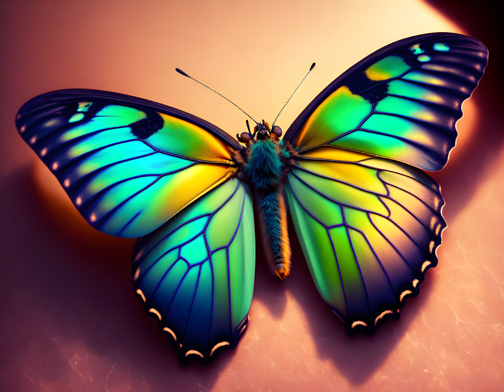 Colorful Butterfly with Blue and Yellow Wings on Soft Background